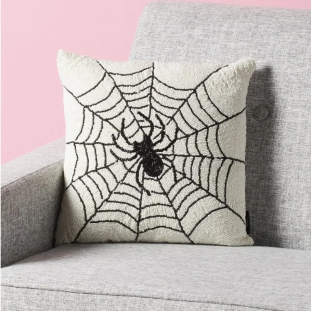 Noir Night Halloween Black Spider Web Beaded Throw Pillow Spiderweb 16